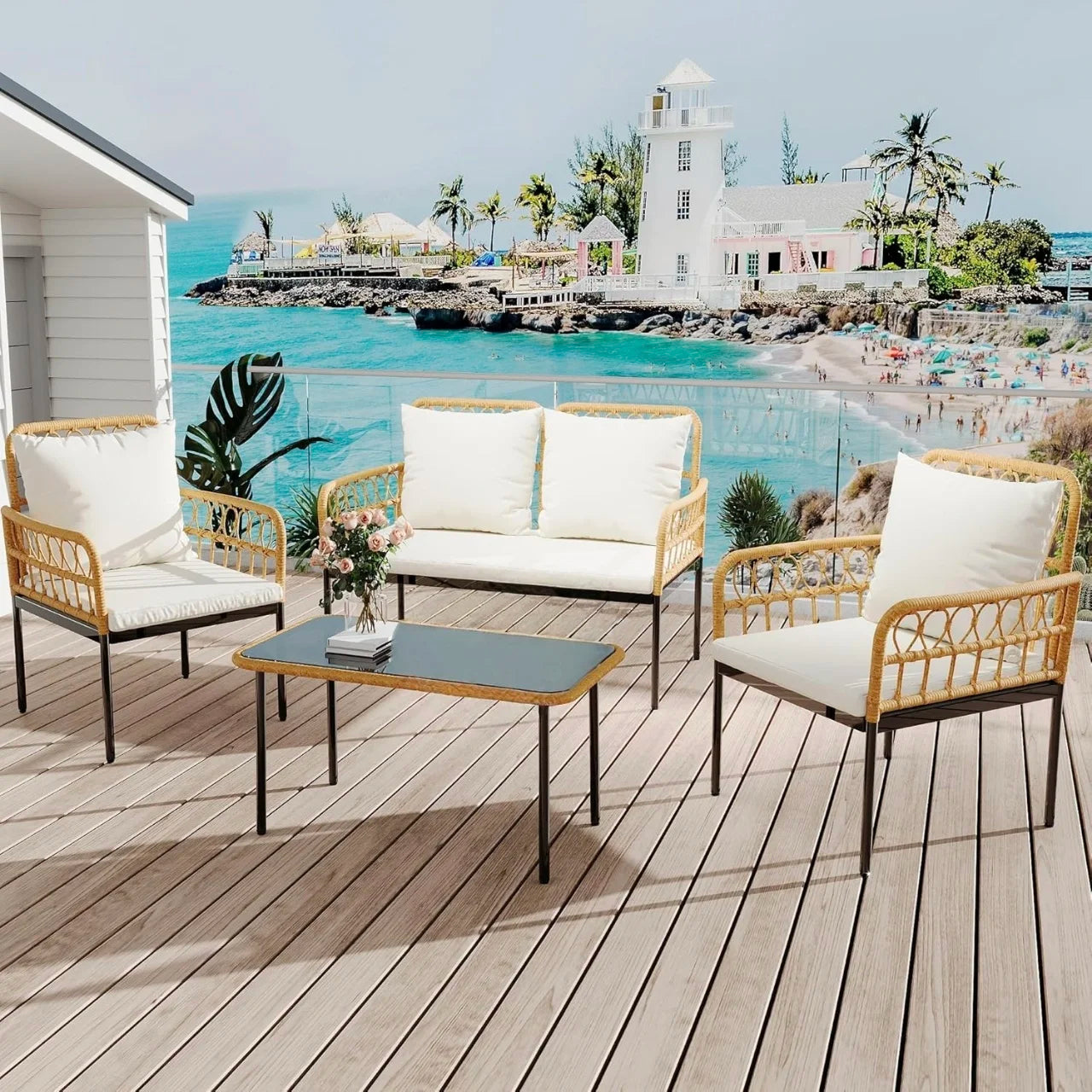 4-Piece Patio Furniture Set, Outdoor Wicker Rattan Chairs with Glass Table, Outside Bistro Set with Removable Cushions, Modern R