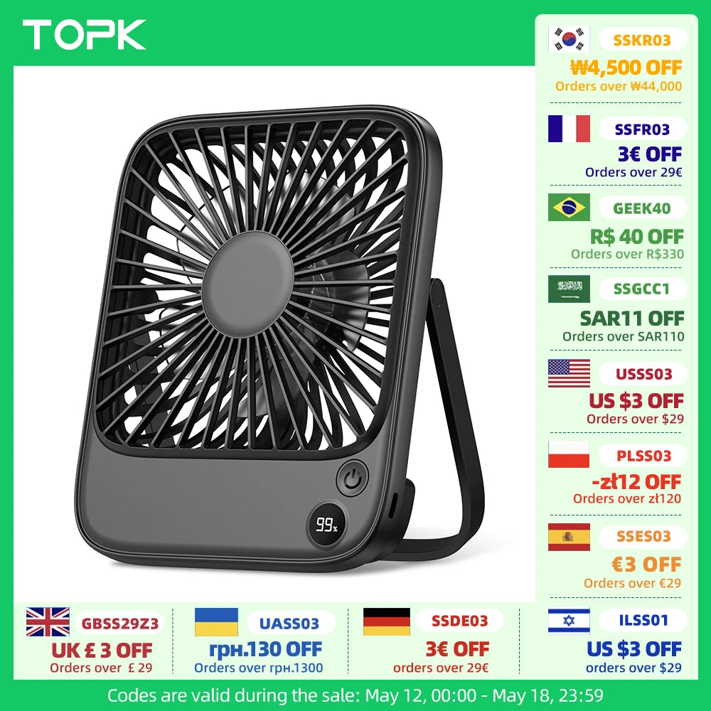 TOPK Rechargeable Portable Mini Silent Desk Fan
