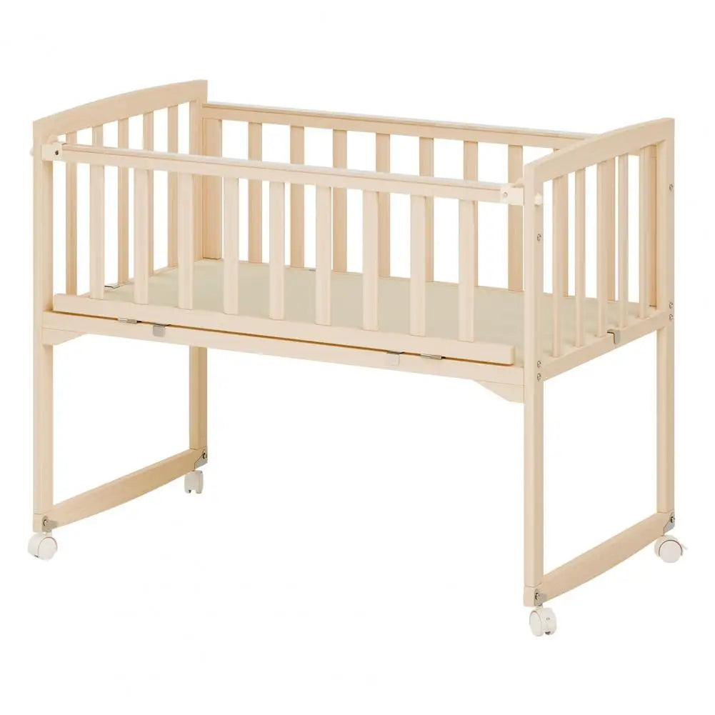 Pine Wood Bedside Bassinet With Detachable Fence And Wheels