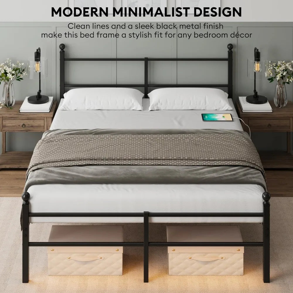 Full Size Bed Frame with LED Lights, Charging Station & Under Bed Storage - Heavy Duty Metal Platform, Easy Assembly, Black