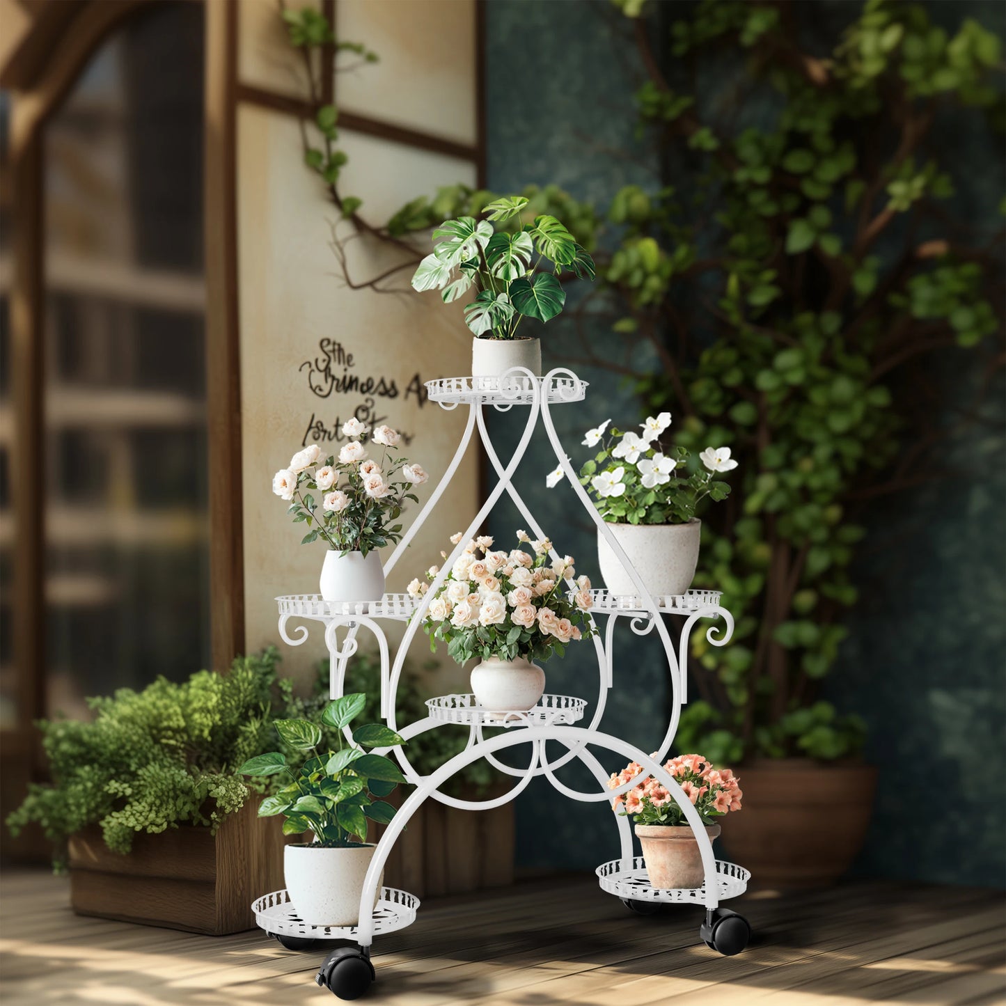 Wisfor 6 Tier Metal Flower Pot Display Stand With Wheels