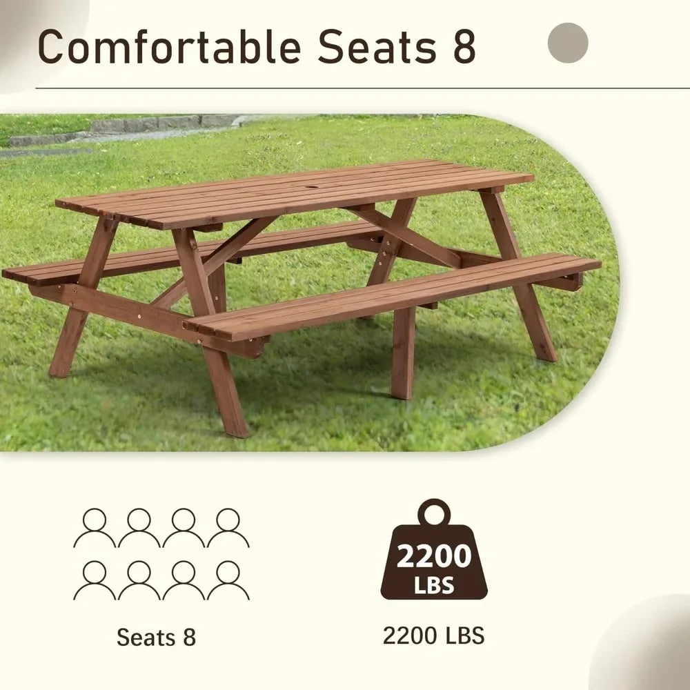Outdoor Wooden Picnic Table With Benches And Umbrella Hole