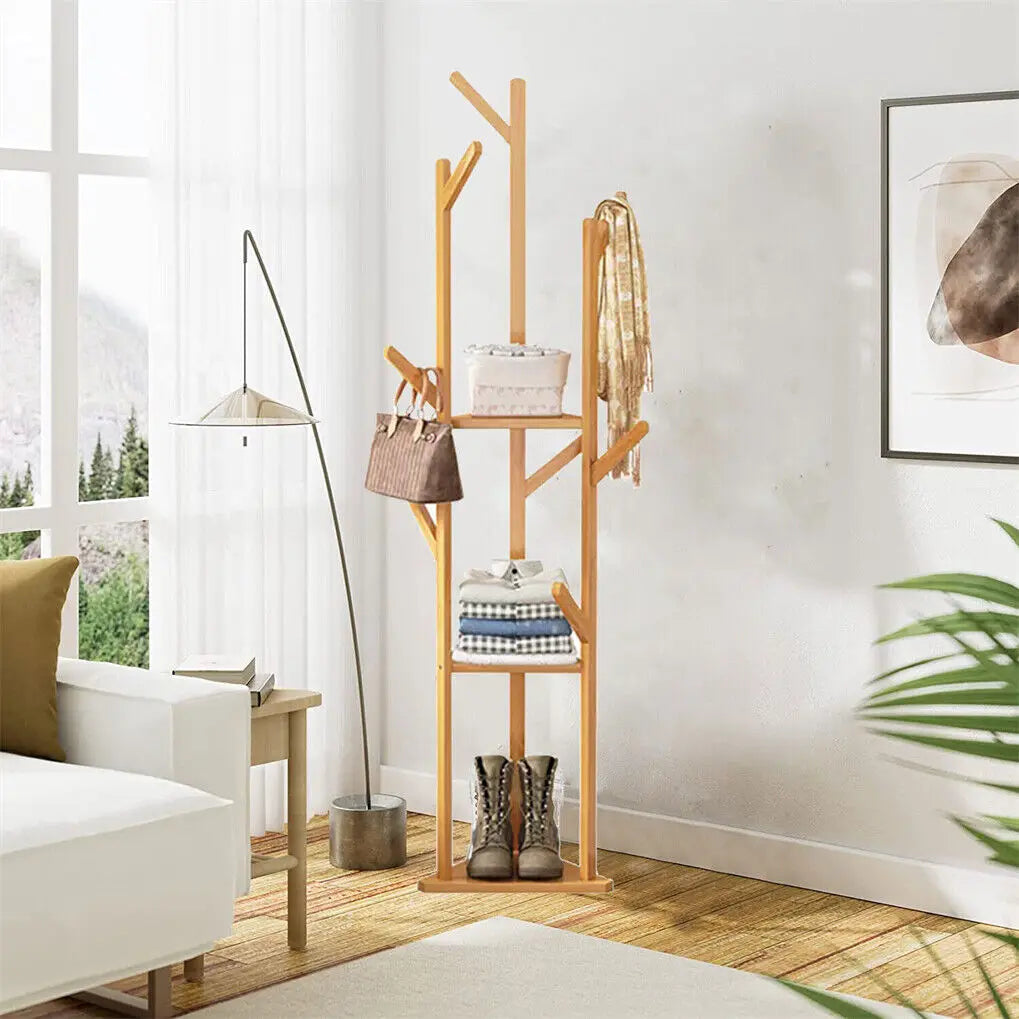 Wisfor Bamboo Corner Coat Rack Stand With Hooks And Shelves