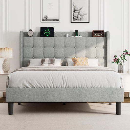 Upholstered Platform Bed Frame With Charging Station And Storage Headboard
