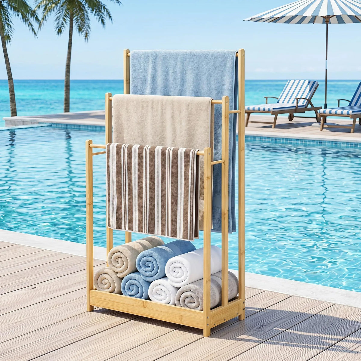Freestanding Bamboo Towel Rack with Storage Shelf for Bathroom Organization