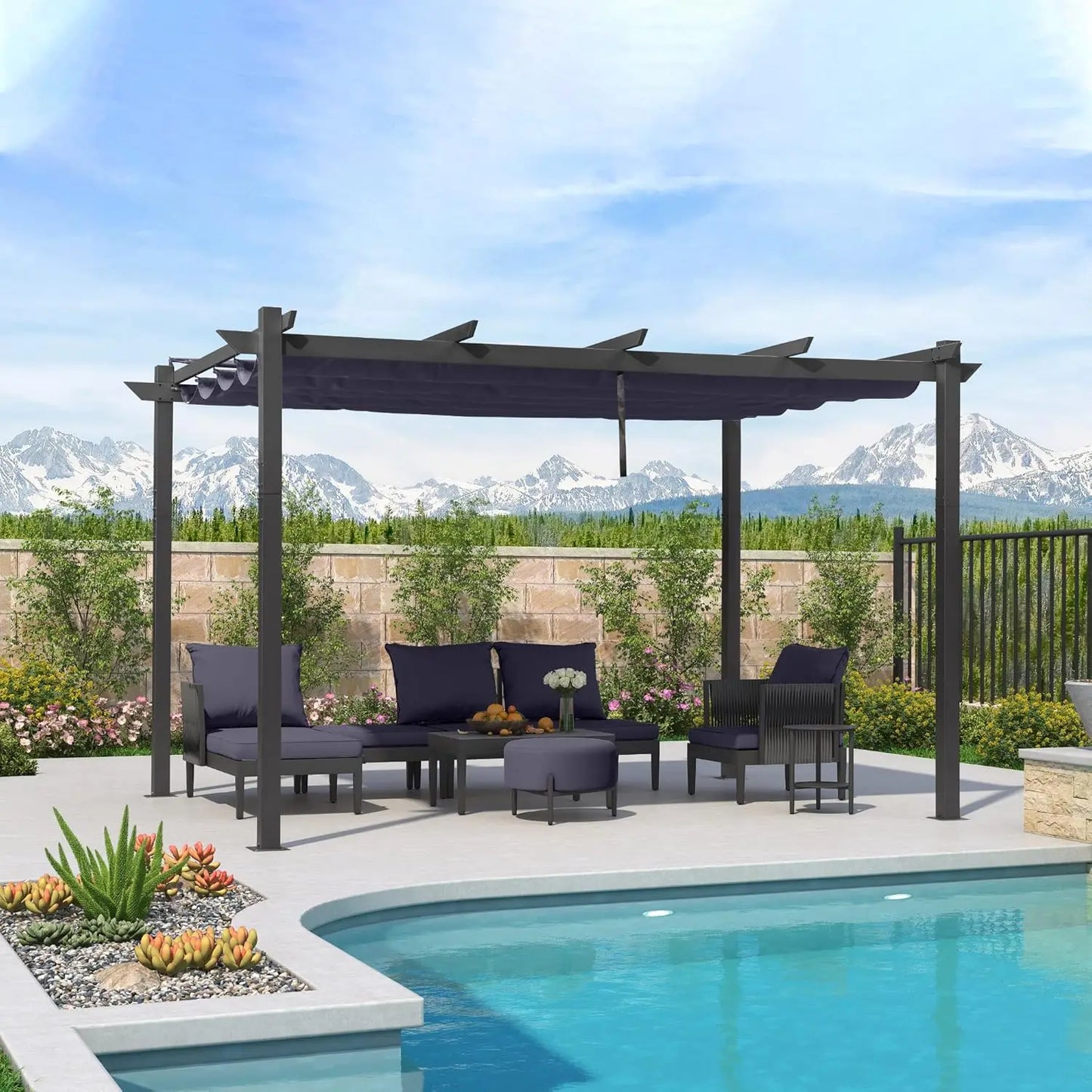 Aluminum Pergola With Retractable Double Canopy Wind Resistant Outdoor