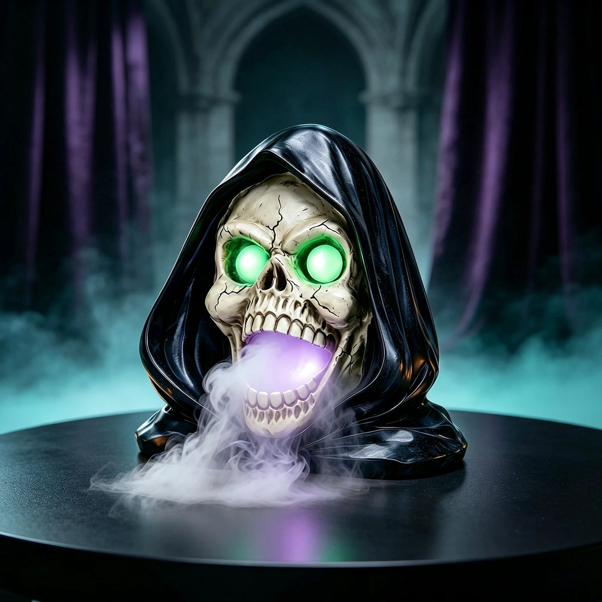 Halloween Grim Reaper Skull Statue With Fog And LED Lights