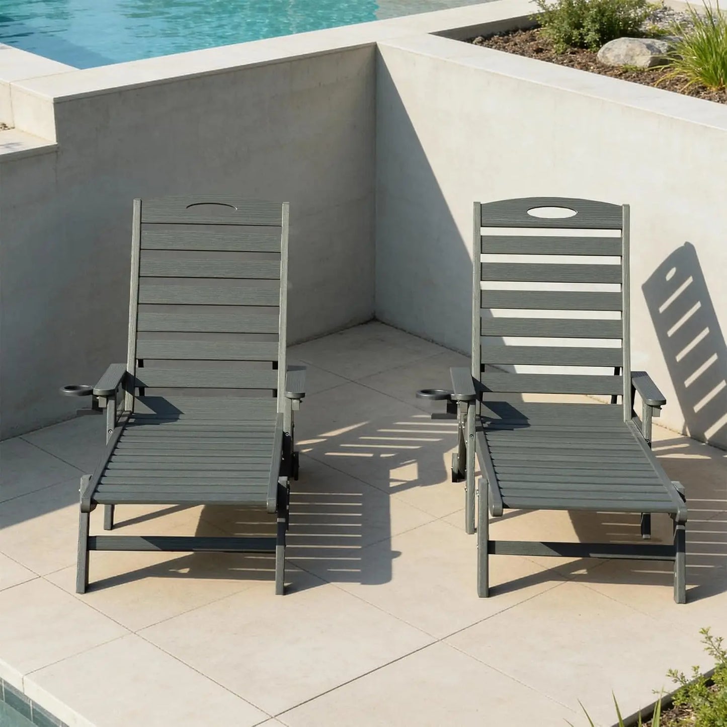 HDPE Outdoor Lounge Chairs Set of 2 Adjustable Pool Chaise