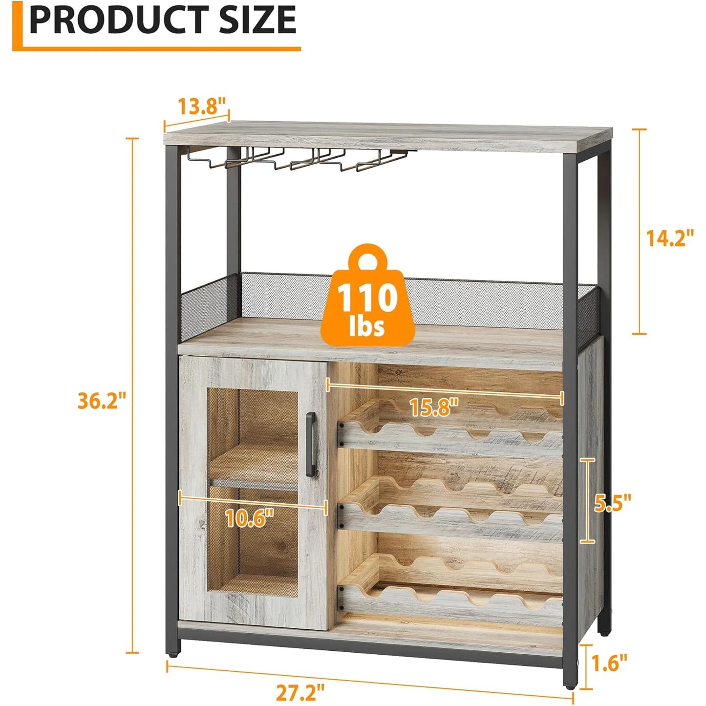 Wine Bar Rack Cabinet with Storage Space & Detachable Wine Rack, Coffee Bar with Glass Holder 3-Tier Kitchen Buffet Cabinet