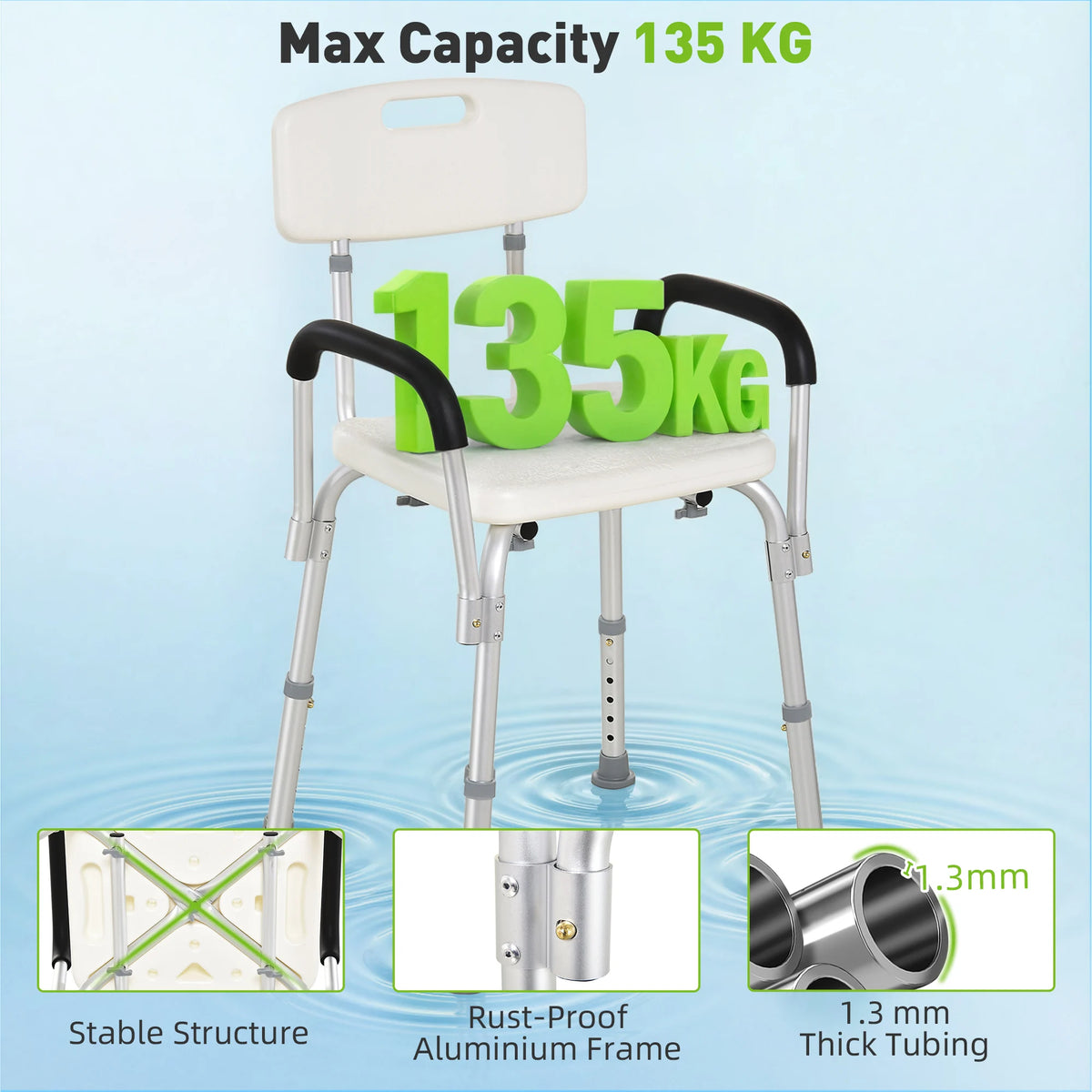 HOMCOM Adjustable Shower Chair With Detachable Arms for Seniors