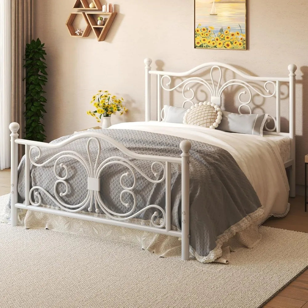 Full Size Metal Platform Bed Frame with Butterfly Headboard, No Box Spring Needed, Easy Assembly, White