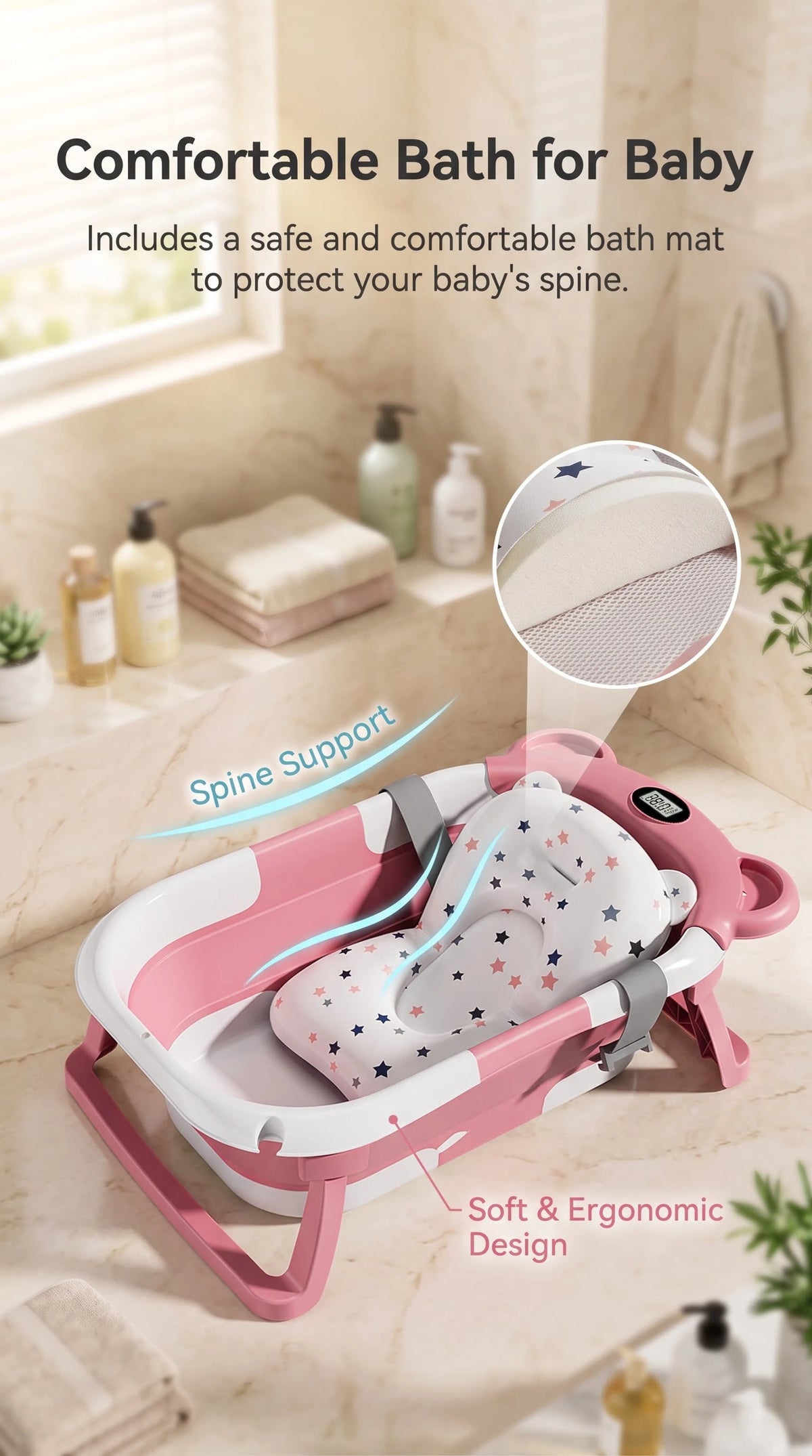 Portable Foldable Baby Bathtub With Thermometer, Cushion And Drain Hole