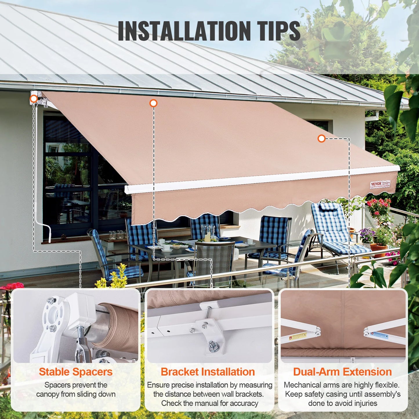 SucceBuy Manual Retractable Awning Sun Shade Water Resistant Polyester for Patio