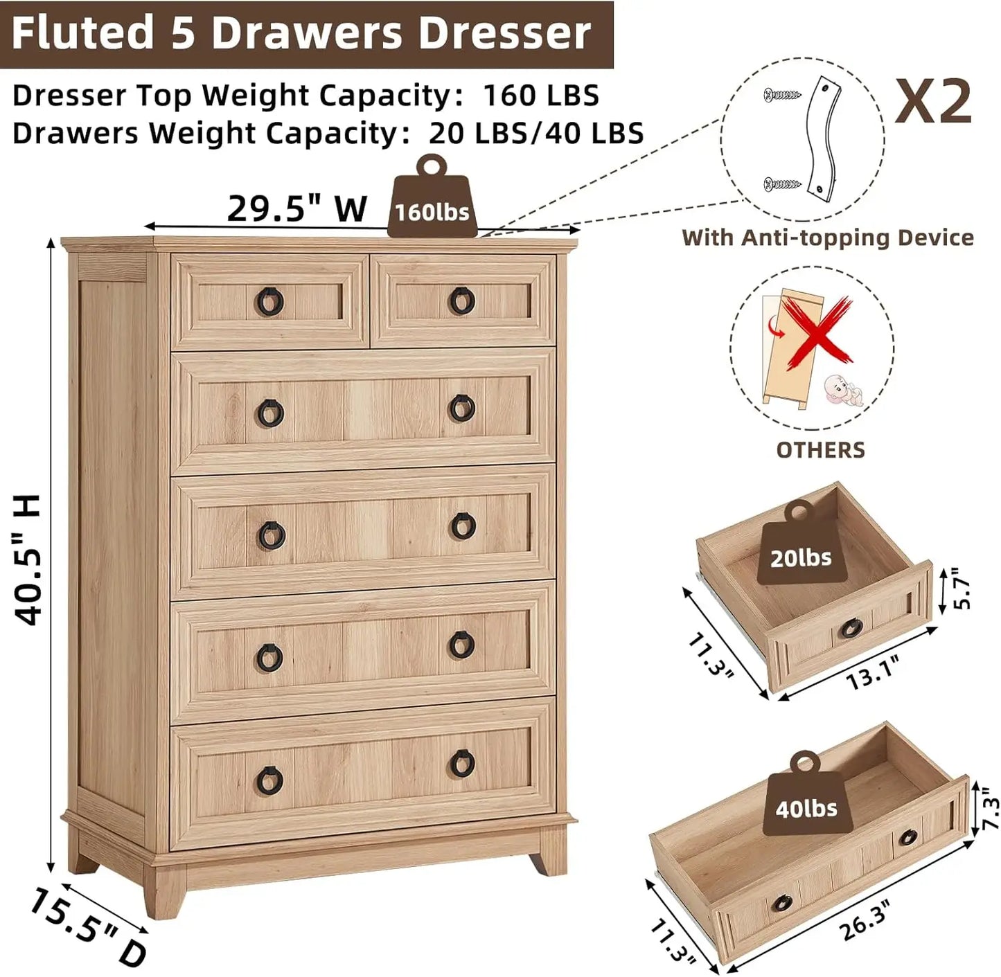 Rustic Wood 6 Drawer Dresser With Metal Handles For Bedroom