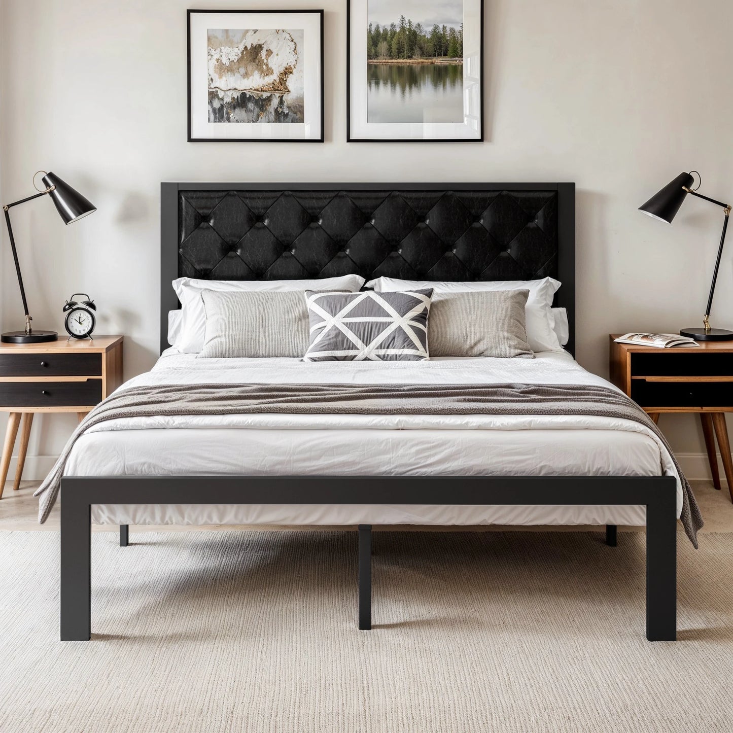 HOOMICH Metal Bed Frame With Upholstered Headboard