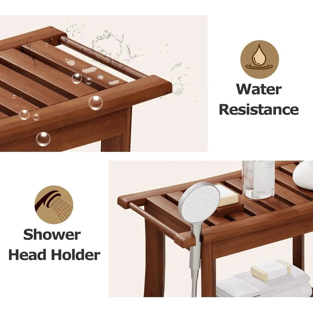 Teak Shower Bench With Storage Shelf And Towel Rack For Indoor Outdoor Baths