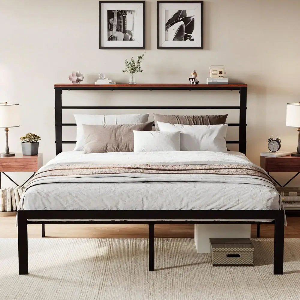 Twin Full Queen King Size Bed Frame With Headboard Shelf, Heavy Duty Platform Bed Frame With Strong Metal Foundation, No Box Sp