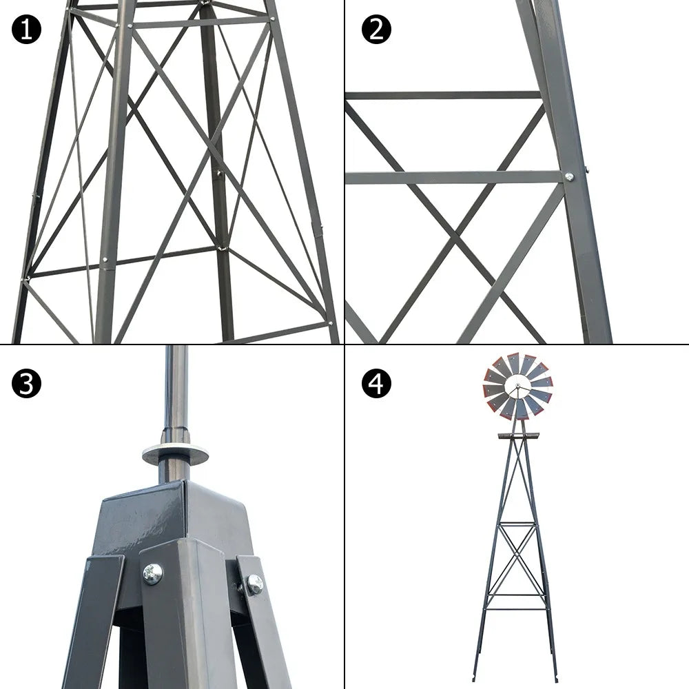 8FT Weather Resistant Yard Garden Windmill Gray & Red  Garden Decoration Outdoor  Patio Decoration
