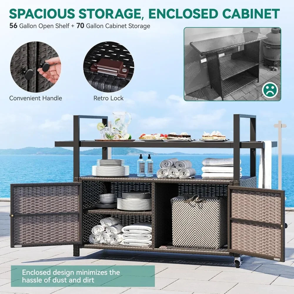 Large Outdoor Kitchen Wicker Island Rolling Cart & Patio Bar Table, w/Wheels and Black Glass Table Top Backyard and Poolside Da