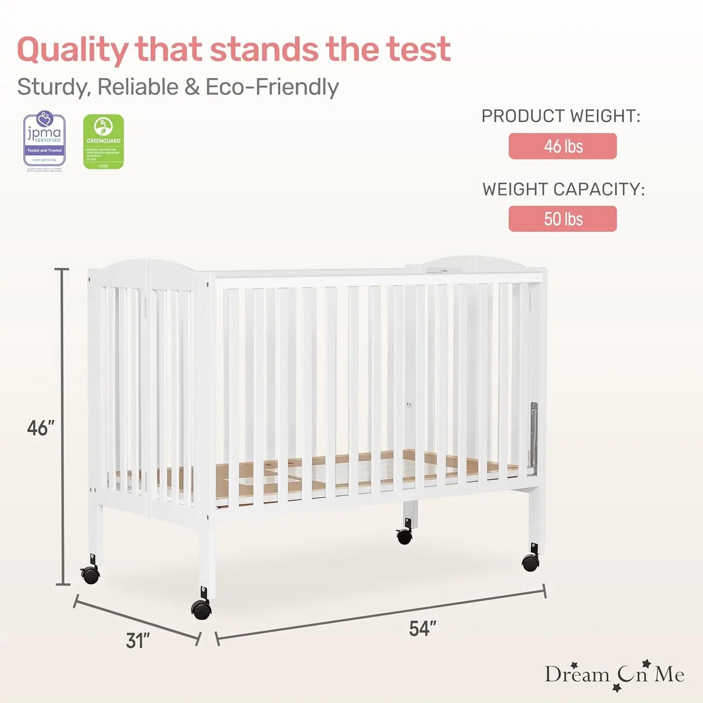 Folding Baby Crib With Quick Fold System And Adjustable Mattress