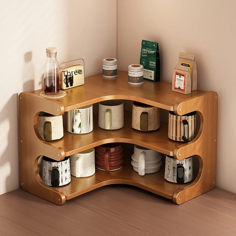 Natural Wood Three-Tier Bamboo Corner Shelf For Plants And Books