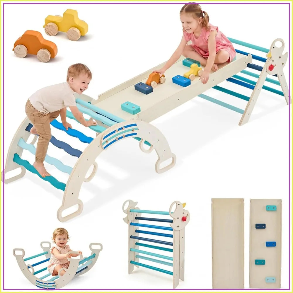 Foldable Pikler Triangle Set 7-In-1 Montessori Wooden Climbing Toys