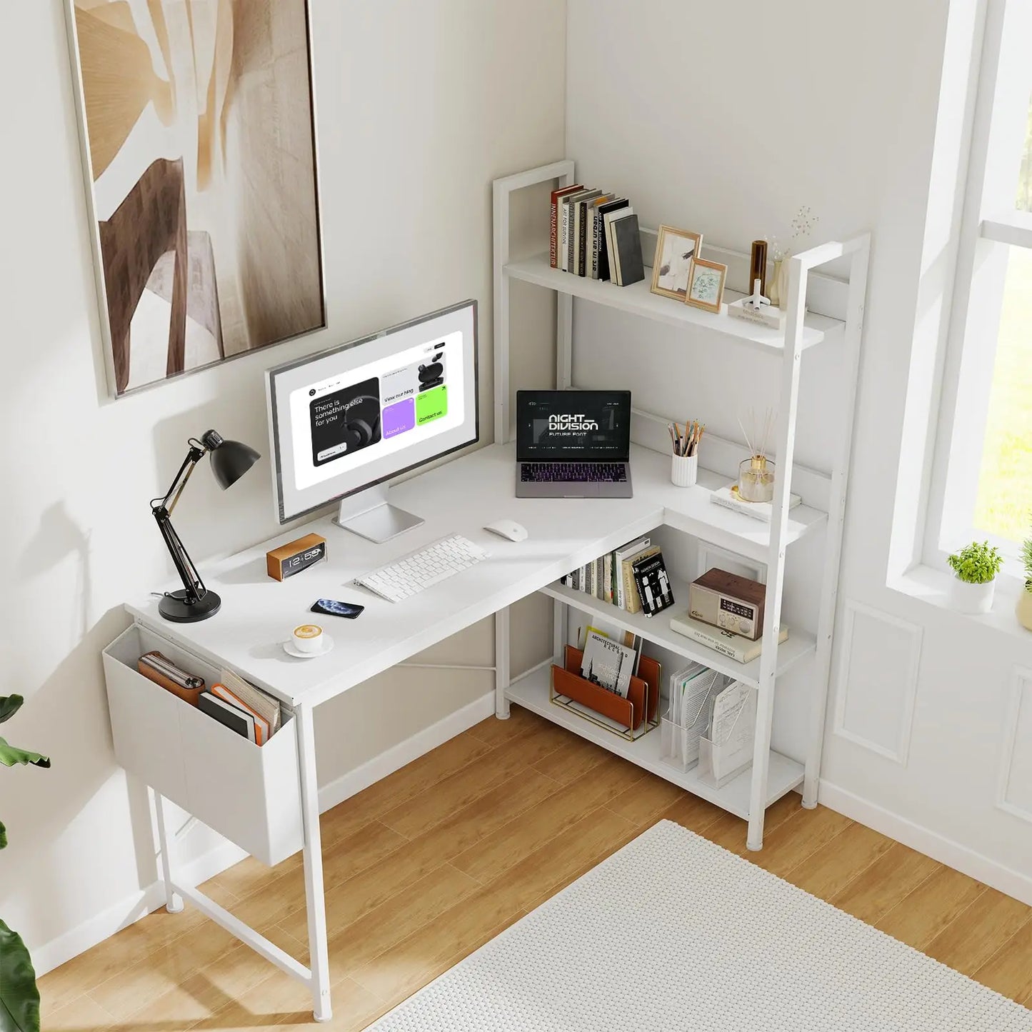 JHK 47 Inch L Shaped Desk with Storage Shelf Computer Table Gaming Wood Tables with Side Bag Adjustable Feet for Home Office