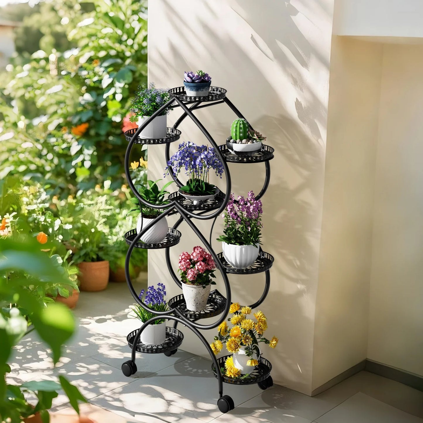 Metal Plant Stand On Wheels With Nine Pots
