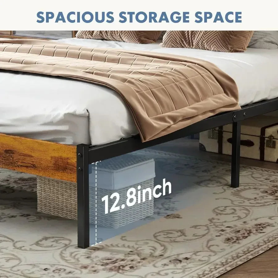 Full Size Bed Frame with Headboard, 800LBS Mattress Foundation with All Sturdy Metal Support, Under Bed Storage, No Box Spring