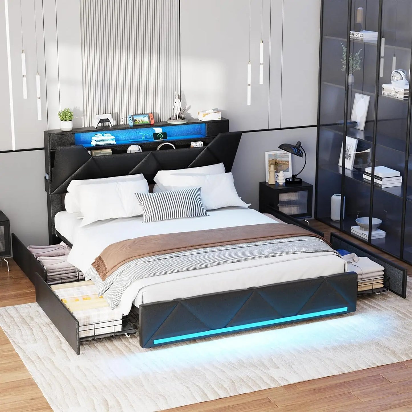Bed Frame With Storage Drawers, Upholstered Headboard, Charging Station, LED