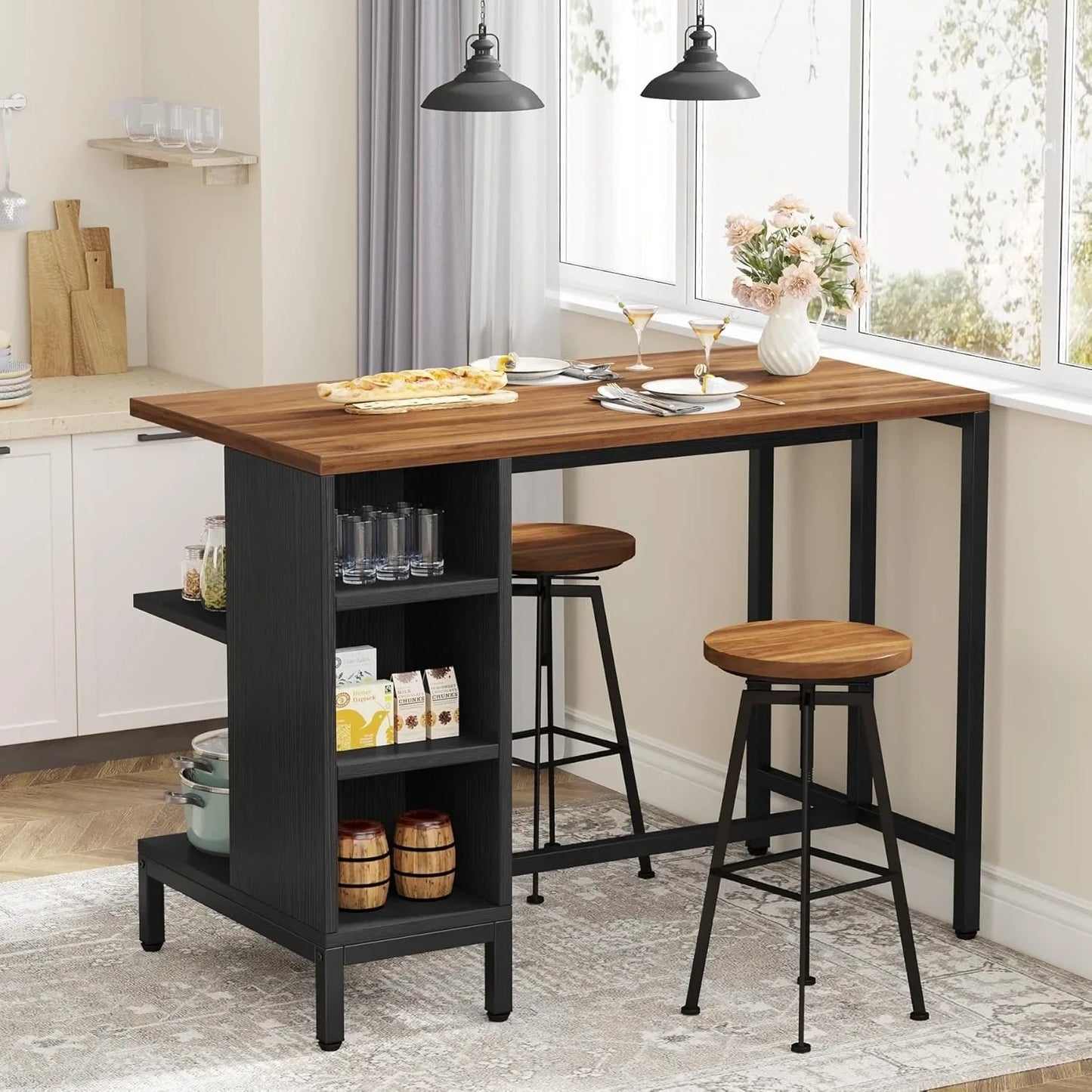Kitchen Shelf Kitchen Bar Table with 5 Open Storage Shelves and Worktop, Industrial Butcher Block Island (Stools Not Included)