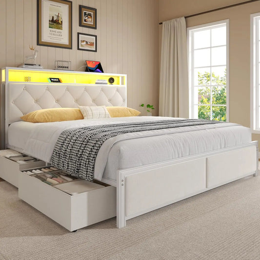 CHENGWEI Bed Frame With Headboard Storage Drawers LED Lights