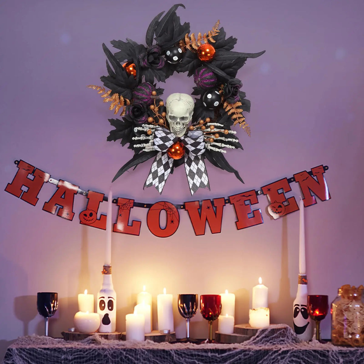 HiMiss Gothic Halloween Skeleton Wreath Front Door Decor