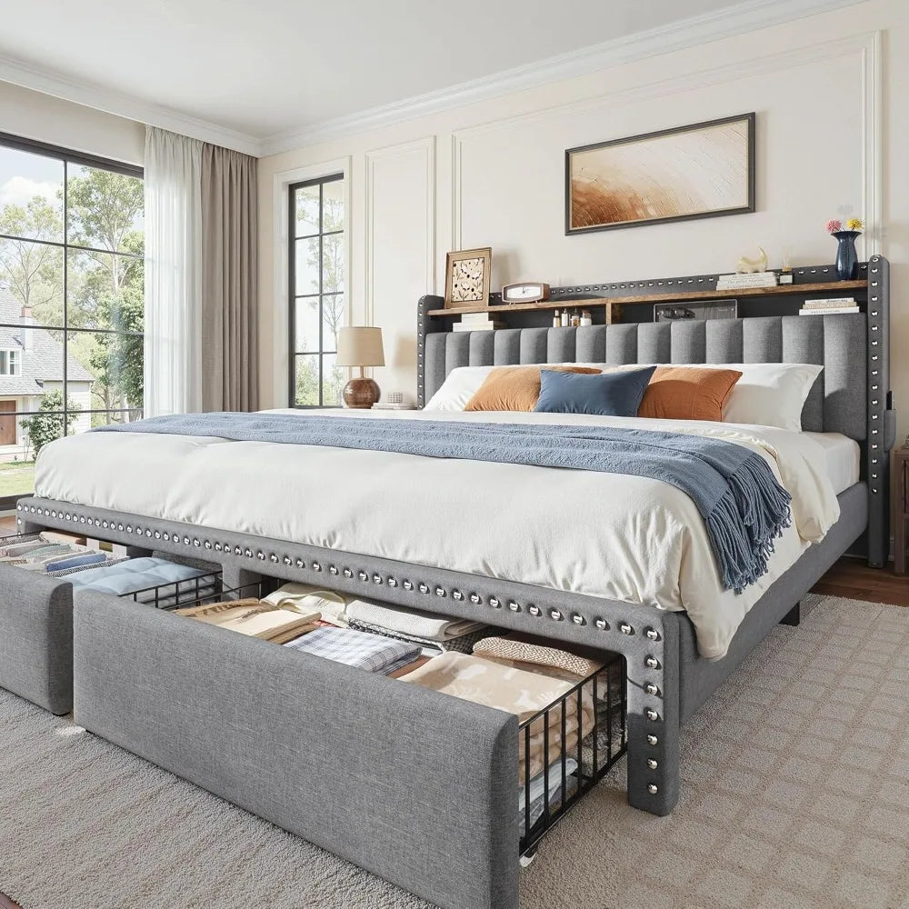 King Platform Bed Frame With Storage Drawers And Headboard Shelf