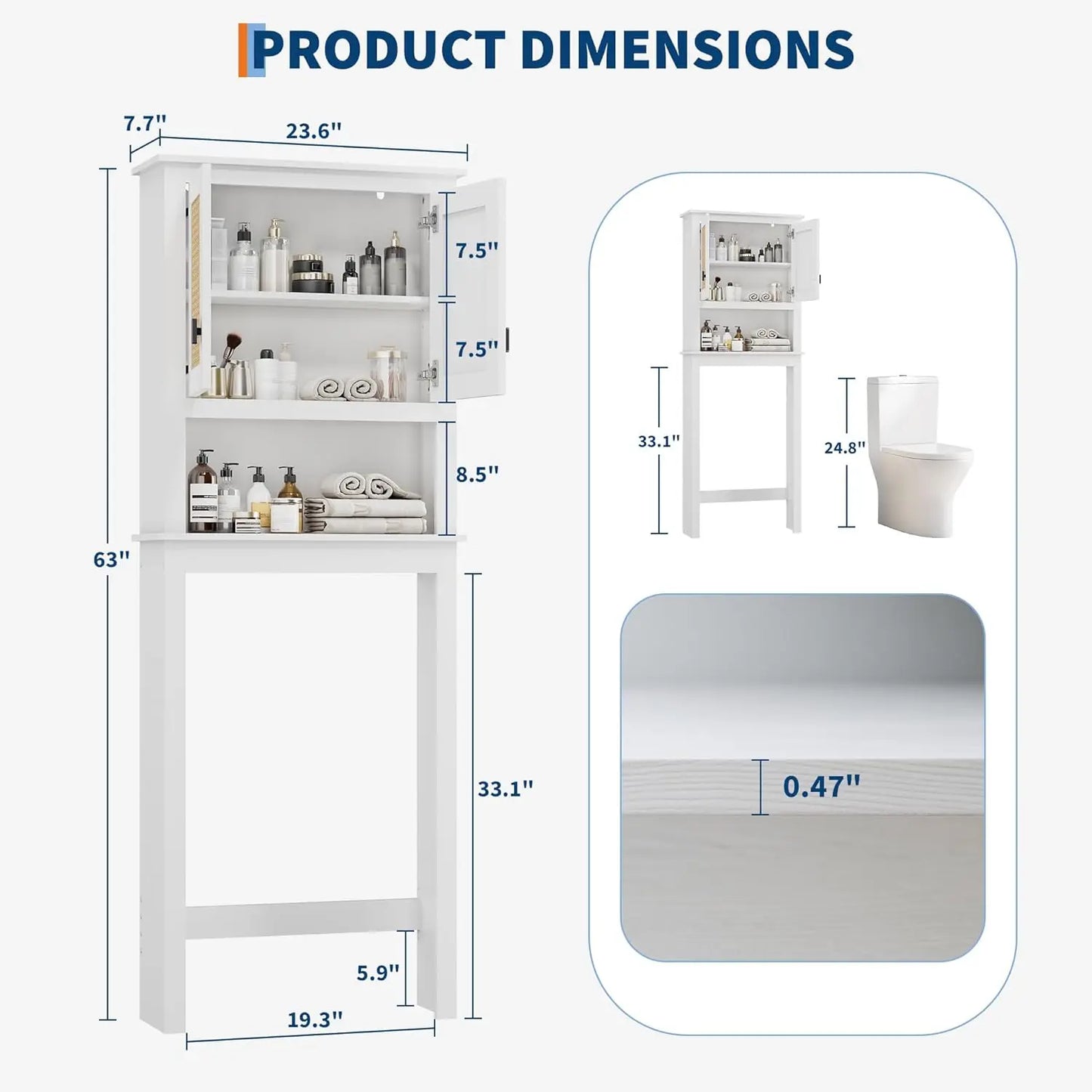 Farmhouse White Over Toilet Storage Cabinet with Natural Rattan Doors, Adjustable Shelf Toilet Rack