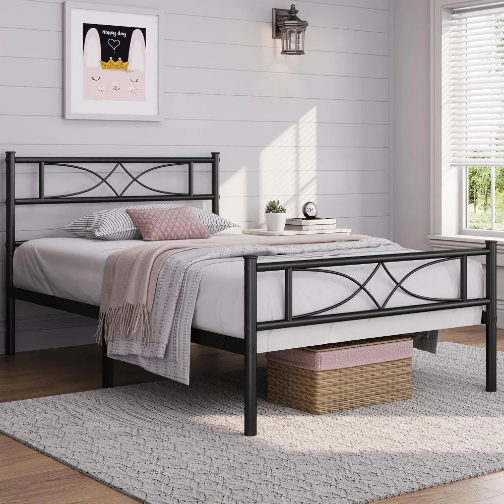 Metal Platform Bed With Curved Headboard Heavy-Duty Support