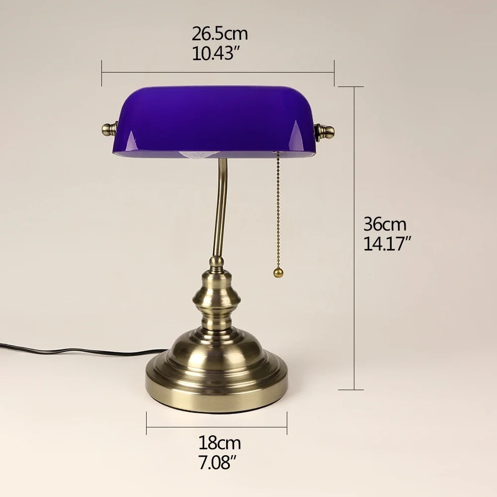 Glass Banker Desk Lamp With Zipper Switch For Home Office