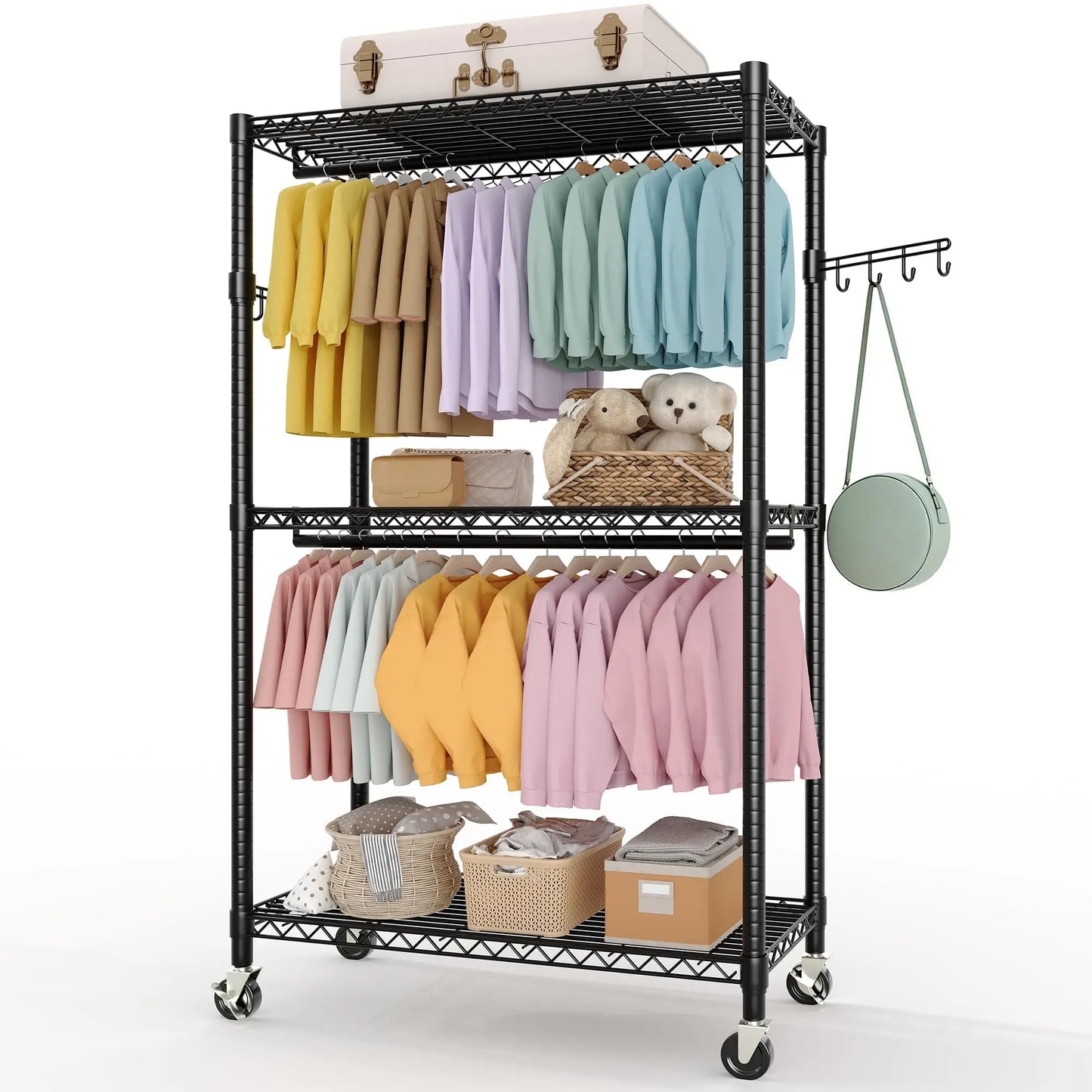 HiMISS 3-Tier Rolling Garment Rack With Adjustable Shelves
