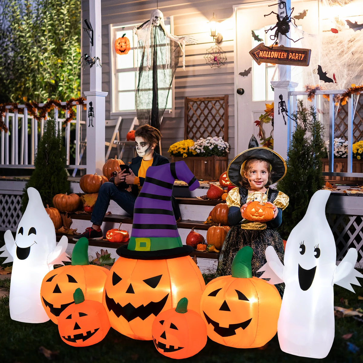 LIFEZEAL Halloween Inflatable Pumpkin Patch With Ghosts And LED Lights