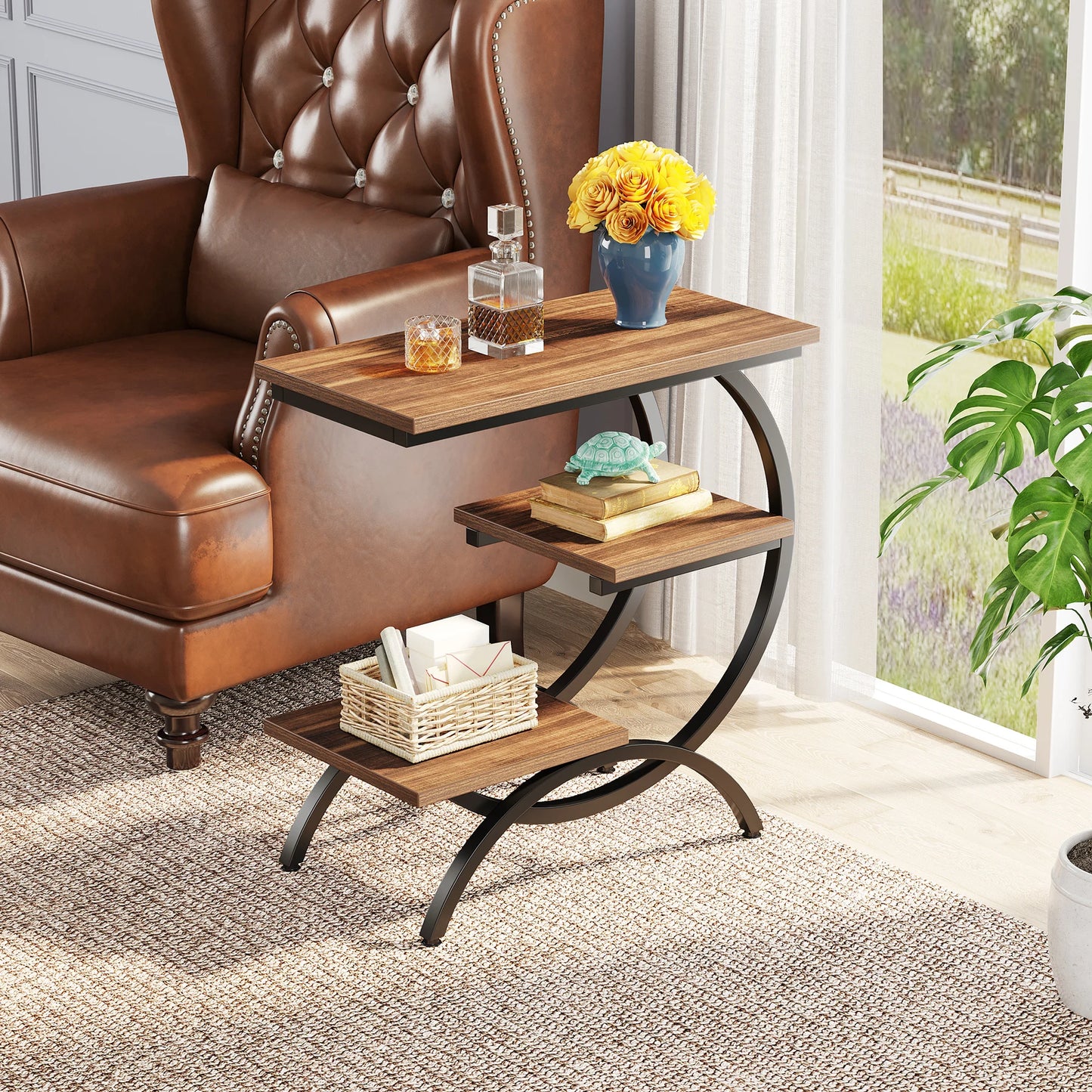 Tribesigns C Shaped End Table With Storage Shelves Modern