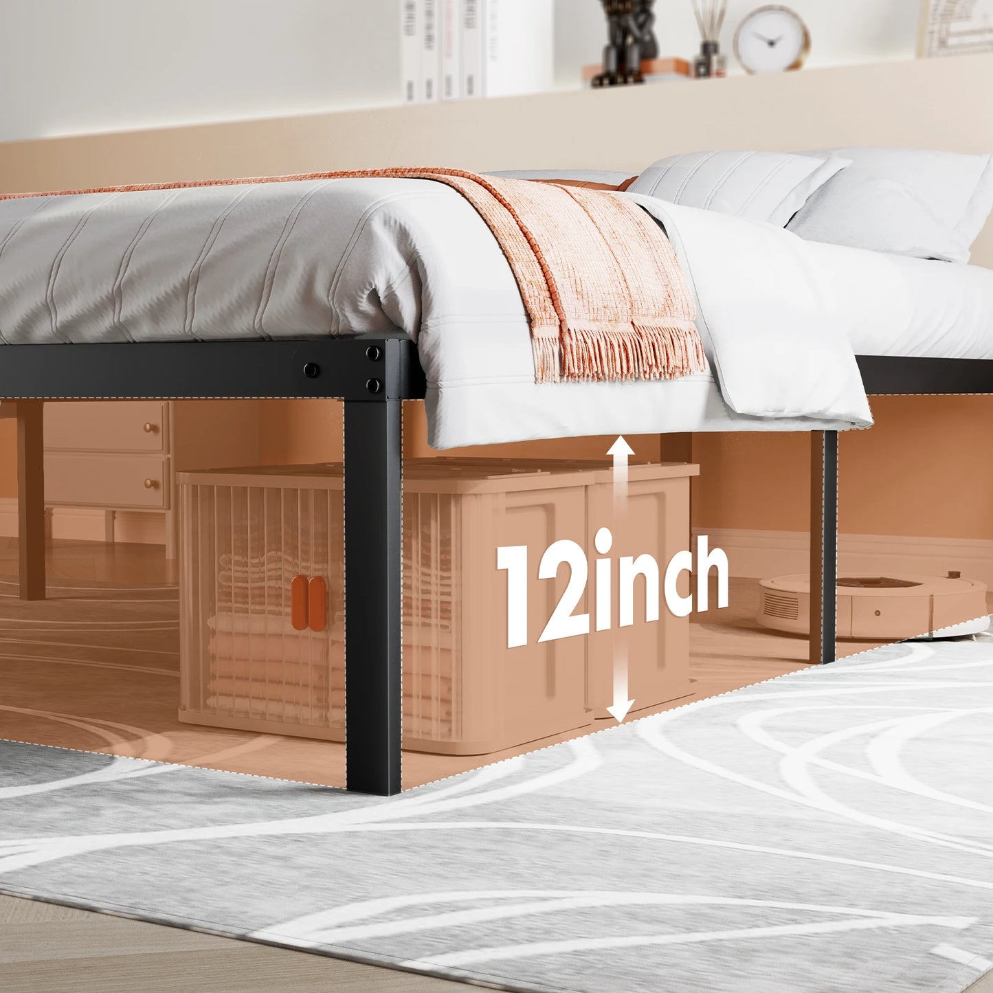 JHK Basic Metal Bed Frame with Storage and Sturdy Slats