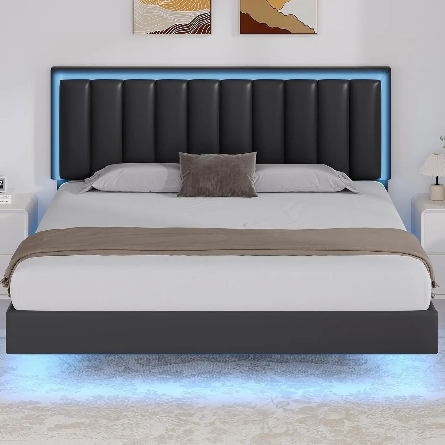 GUANGBAI Floating Bed Frame With LED Lights And Upholstered Headboard