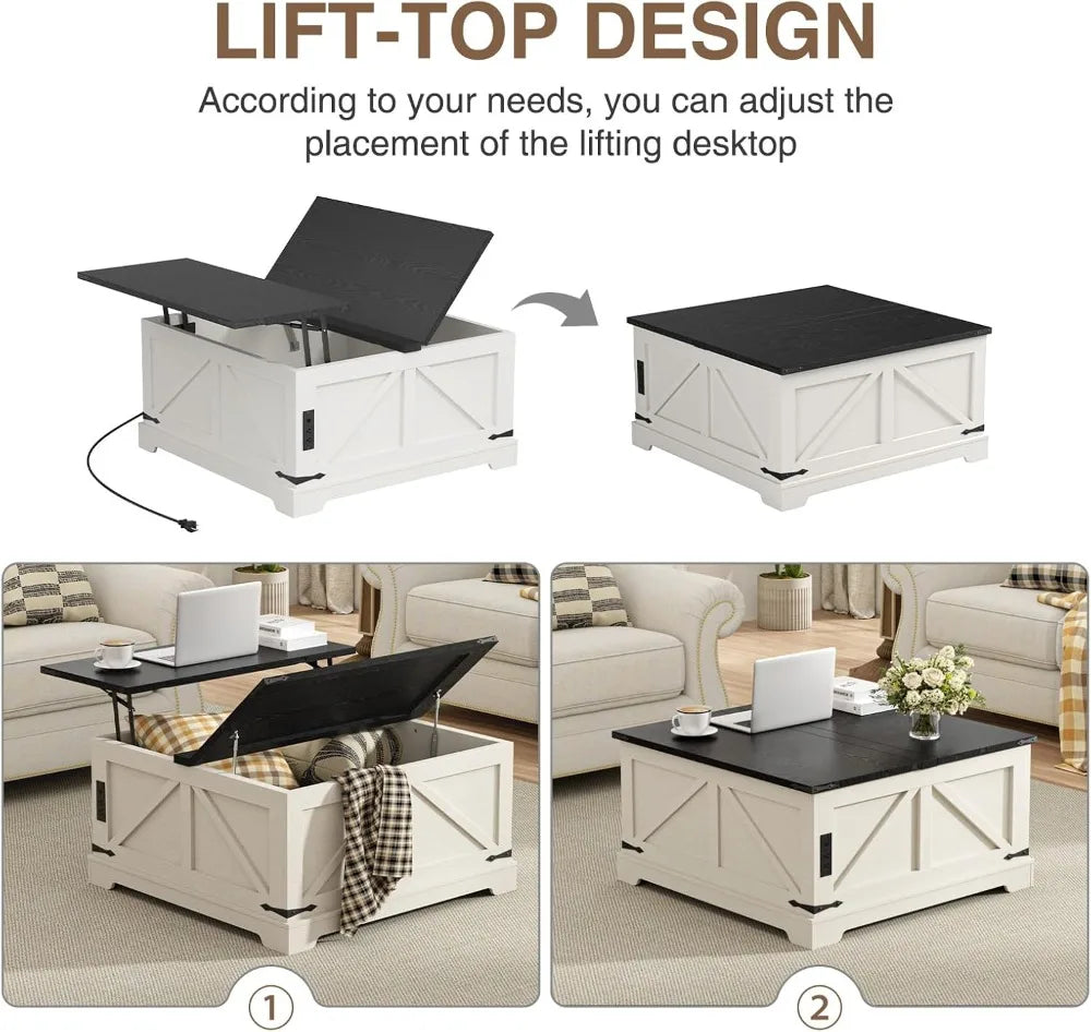 Farmhouse Lift Top Coffee Table With Storage And Charging Station