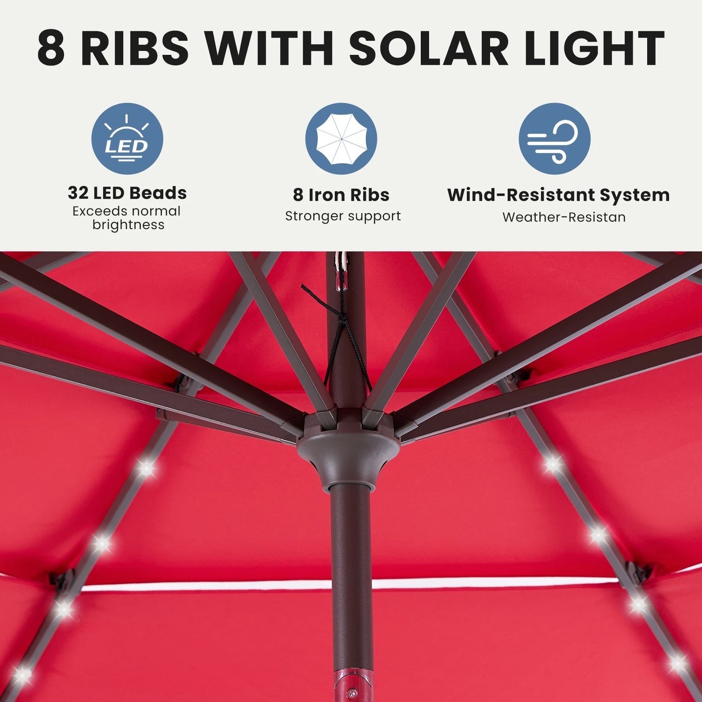 JHK Outdoor Solar Patio Umbrella With LED Lights And Tilt