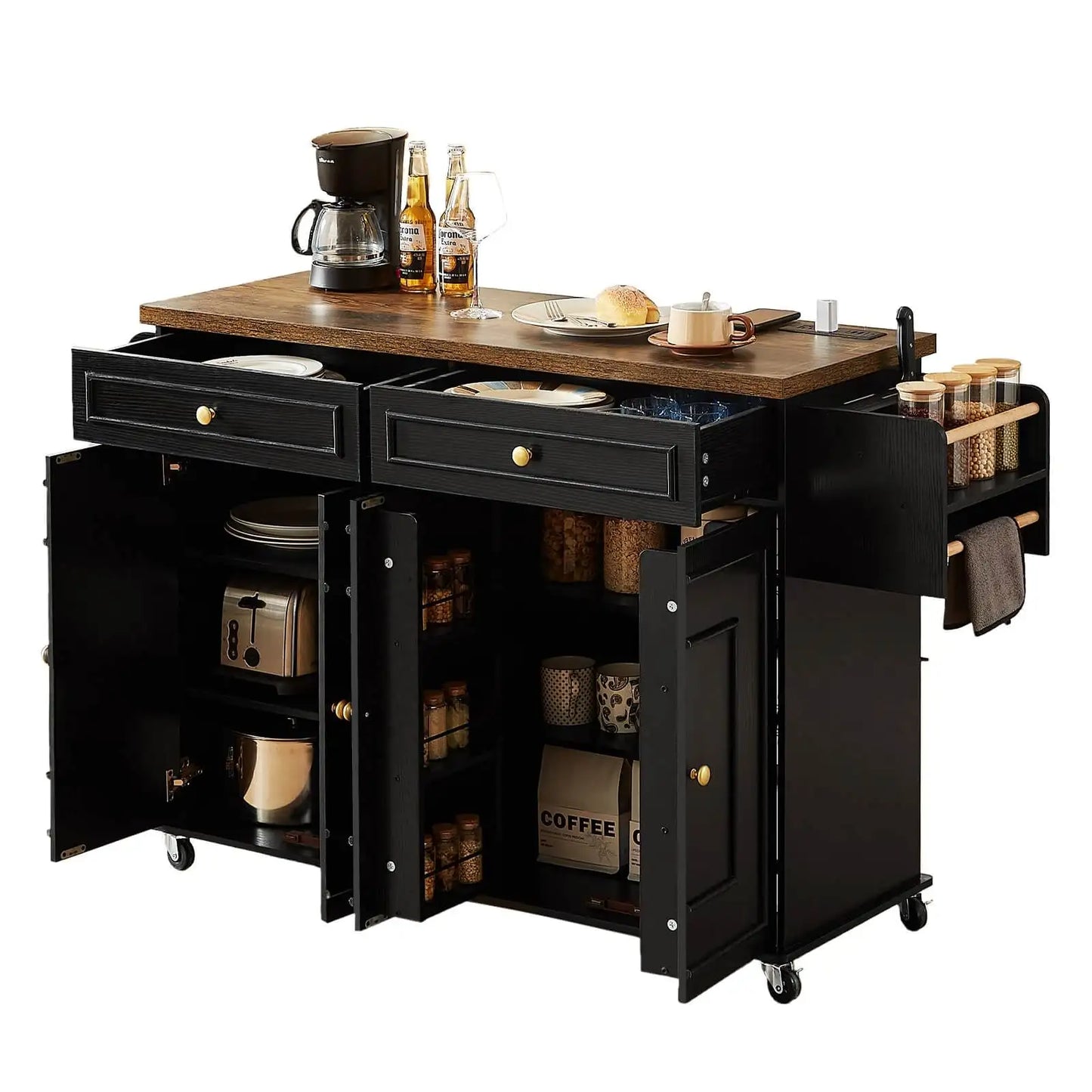 Mobile Kitchen Island With Drop Leaf Power Outlet Spice Rack