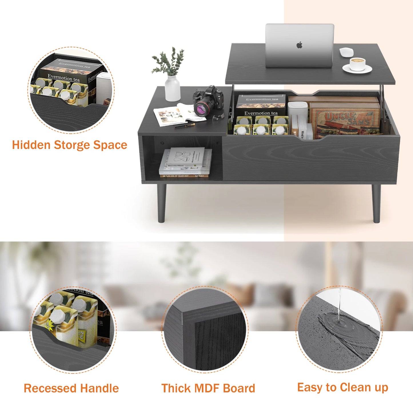 JHK Lift Top Coffee Table With Storage Adjustable Living Room Table