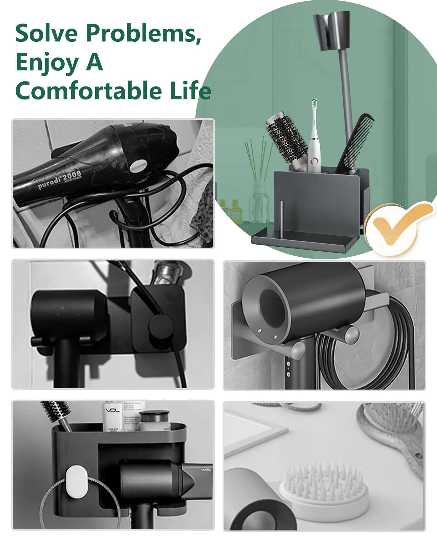 Hair Tool Organizer Wall Mounted Adjustable Hair Dryer Holder