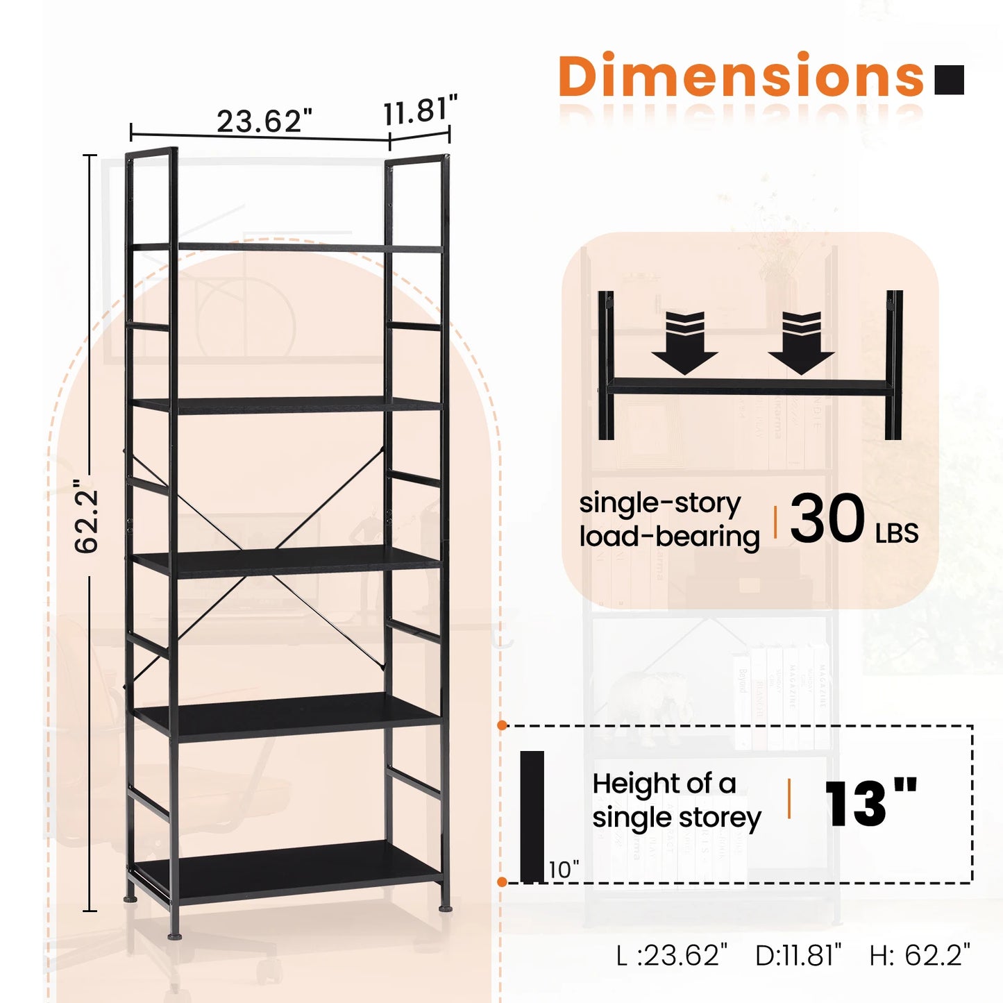 JHK 5 Tier Metal Bookcase Modern Office Storage Organizer