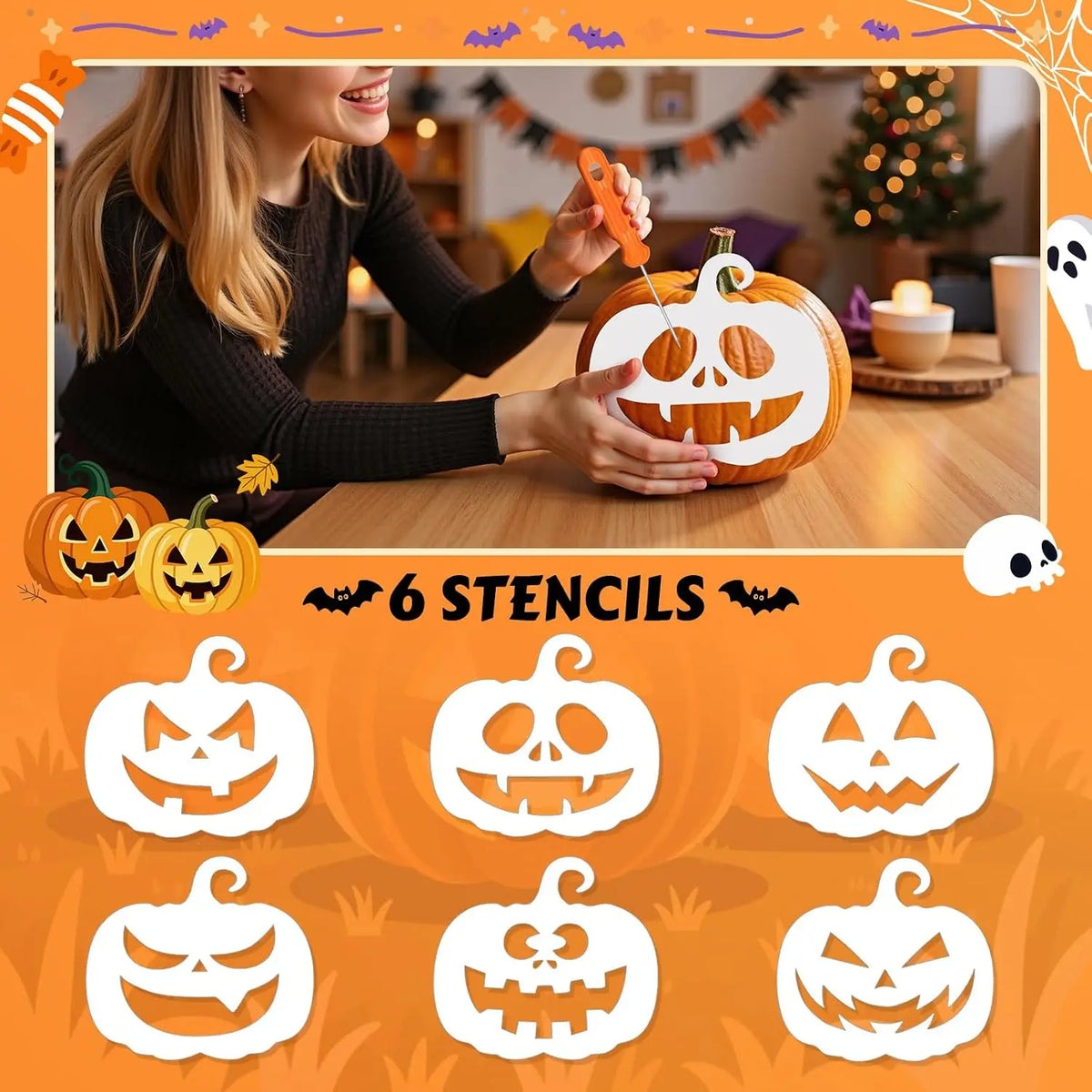 Halloween Pumpkin Carving Kit with Stencils and Family Decorating Tools