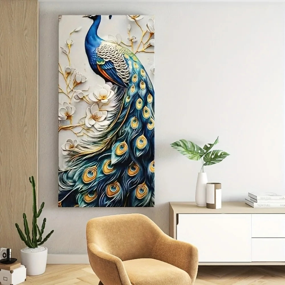 Modern Abstract Peacock Canvas Wall Art In Solid Wood Frame